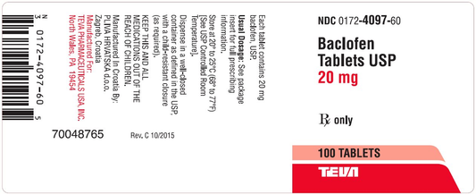 Baclofen Tablets 20 mg by Teva 100 Count (Rx)