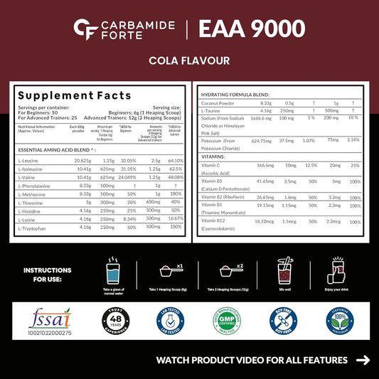 Carbamide Forte Eaa Supplement For Men & Women With Hydration Blend & Vitamins | Eaa intra workout Supplement With Bcaa 5000Mg - Cola Flavour - 50 Servings - Powder 300G