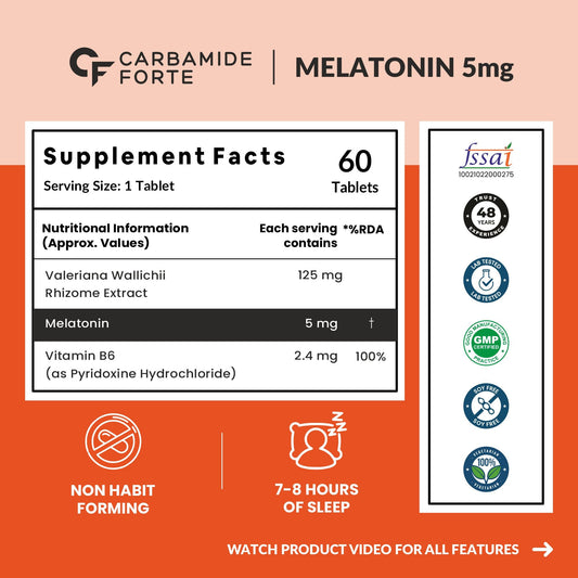Carbamide Forte Melatonin 5mg Sleep Tablets – Sleeping Pills with 125mg Tagar & Vitamin B6 for Deep Sleep, Restful Nights, and Effective Sleep Dose | Sleeping Tablets for Women & Men – 60 Veg Tablets