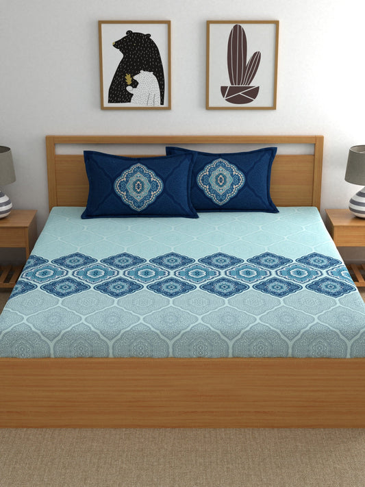 Dreamscape Blue Ethnic 144 TC Cotton Bedsheet with Reversible Pillow Covers