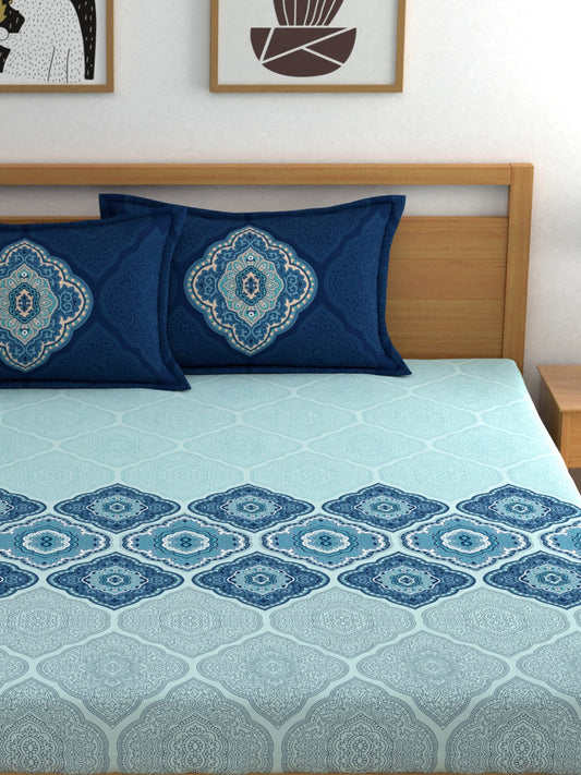 Dreamscape Blue & Green Ethnic Motifs 144 TC King Bedsheet with 2 Pillow Covers