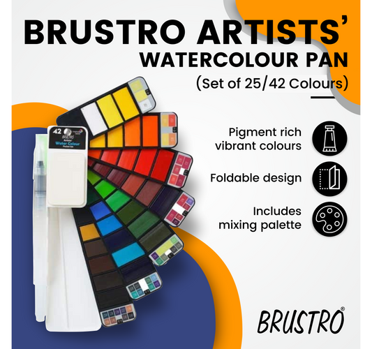 Brustro Artists Watercolour Pan Set of 25 with Artist 25% Cotton Watercolour Pad Cold Pressed 200 GSM A4 Pad 20 Sheets