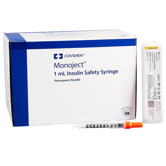 29 Gauge x ½" Monoject 1 mL Insulin Syringes, Safety 1 cc, Permanent Needle, 100/box