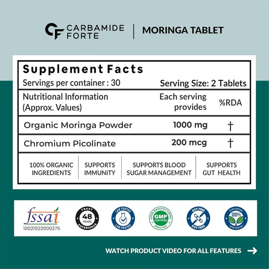 Carbamide Forte Organic Moringa Tablets with 1000mg Moringa Leaves Extract | Drumstick Leafs Powder Tablets for Immunity, Digestion & Energy | Drumstick Leaves Powder Tablets | 60 Veg Tablets
