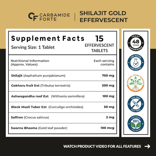 Carbamide Forte Shilajit / Shilajeet Gold Effervescent Tablets | Ayurvedic Himalayan Shilajit Original Effervescent Tablets For Men | Helps In Boosting Strength, Stamina & Power | Pure Shilajit Gold For Men | 15 Effervescent Tablets