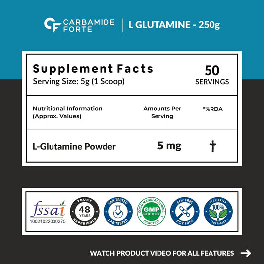 Carbamide Forte L Glutamine Powder 5000mg | L Glutamine Supplement for Men | Post Workout Muscle Recovery Supplements for Men - Unflavoured - 250 grams
