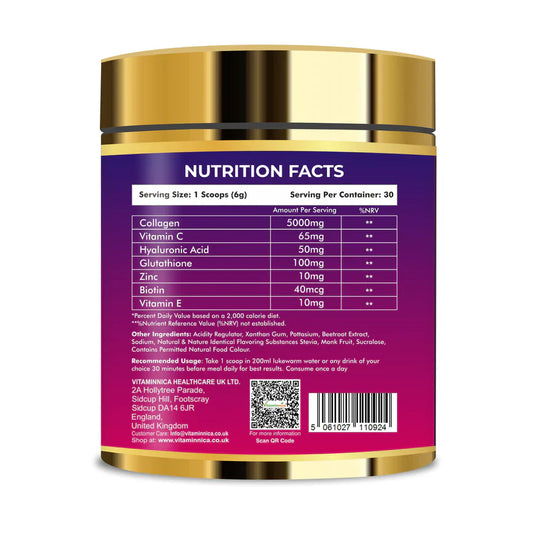 Vitaminnica Vita Beauty Collagen Powder (Type I & III) with Hyaluronic Acid, Glutathione, Vitamin C, Biotin & Vitamin E | For Glowing Skin & Anti-Aging