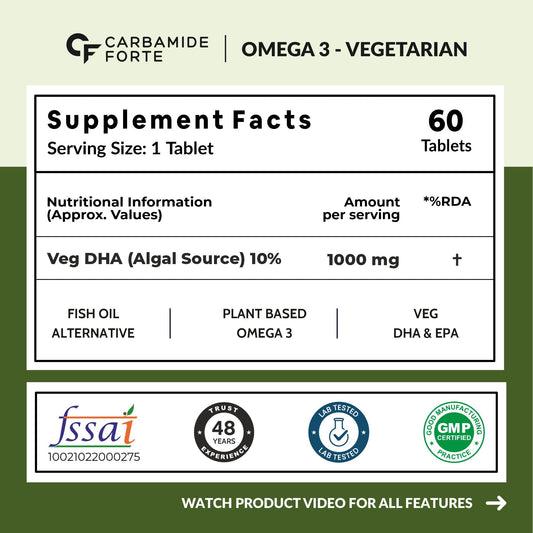 Carbamide Forte Veg Omega3 1000mg | Veg DHA | Vegetarian Omega 3 | Algal DHA | Plant Based | No Fish oil Used Tablets for Men & Women- 60 Veg Tablets