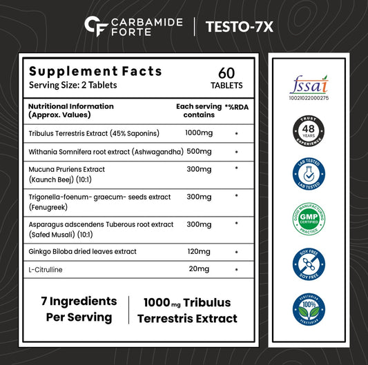 Carbamide Forte Testosterone Booster | Testosterone Supplement for Men | Testo Booster with Tribulus 1000mg | Testo Booster For Men | Testosterone Tablets With Ashwagandha, L-Citrulline & Kaunch Beej | 60 Veg Tablets