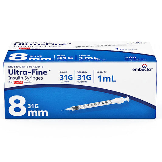 Insulin Syringes 31 g x 8 mm, 1 mL with Ultra-Fine Needle 100/box Embecta 328418
