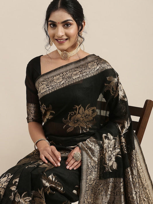 Black Floral Linen Blend Banarasi Saree