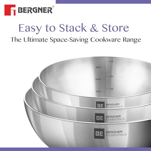 Bergner BE Essentials Tri-Ply Stainless Steel 18 cm Tasra, Steel Kadai/Tasla Without Handle, Even Heat Distribution, Easy to Clean, Gas Stove Compatible, Silver, 5-Year Warranty