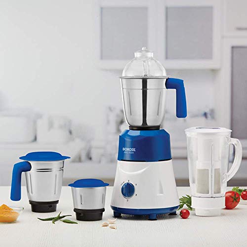 Borosil ARO Mixer Grinder, For Wet/Dry Mixing & Grinding, 750 Watts, 4 Jars, 3 Stainless Steel Jars(1.5 L Blending Jar, 1 L Dry/Wet Grinder, 400 ml Chutney Jar) + 1 PC Jar (1.5 L) with Fruit Filter for Blending & Juicing, Blue