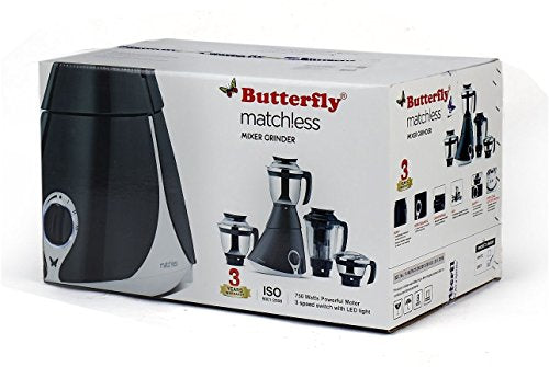 Butterfly Matchless Mixer Grinder, 750W, 4 Jars (Grey/ White) (Indian Plug)