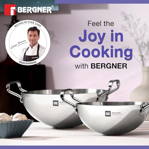 BERGNER BE Essentials TriPly Stainless Steel 18 cm Extra Deep Kadai/Indian Wok, 1 L Kadhai, Even Heat Distribution, Consumes Less Oil, Easy to Clean, Gas Stove Compatible, 5-Year Warranty