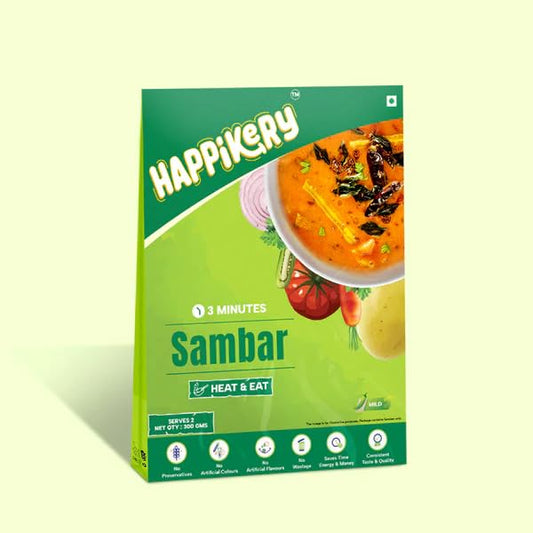 Happikery Instant Sambar with Added Vegetables, Ready to Eat, Goodness of Dals, No Added Preservatives, Ready in 3 Minutes, Veg Mix, Upto 5-7 Servings - 1kg