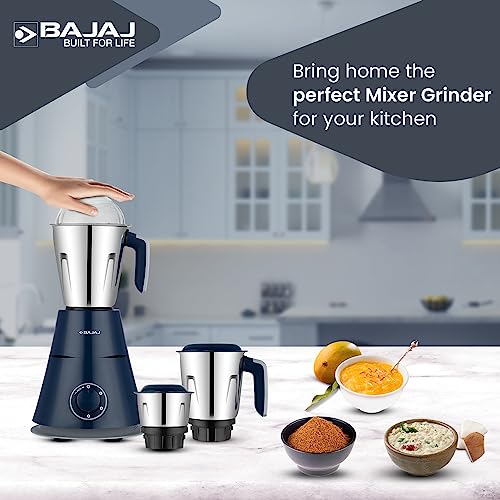 Bajaj Ninja Series Trinity 750W 4 Jar Mixer Grinder| DuraCut Blades by Bajaj|Powerful 750W Titan Motor| 3-SS Jars & 1 Juicer Jar| 5-Yr Warranty by Bajaj| Royal Blue (Indian Plug)