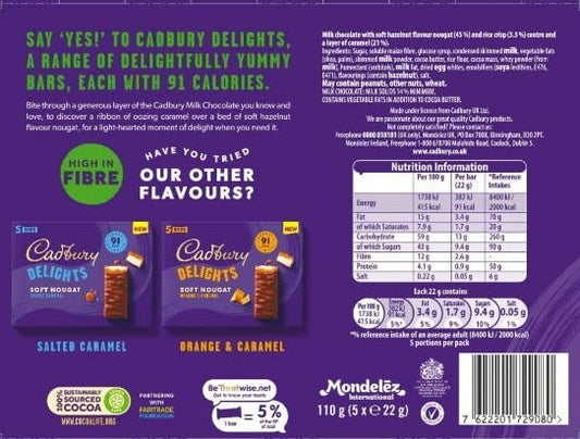 Cadbury Delights Soft Nougat Hazelnut & Caramel Flavour (5 Bars) 110g