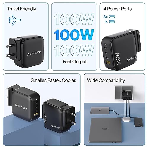 Ambrane 100W Charger Adapter, 4 Ports - 3 Type C & 1 USB for iPhone & Android, MacBook & Type C Laptop, Fast Charger with PD Technology & GaN Technology, for All Types of Devices (RAAP H100, Black)