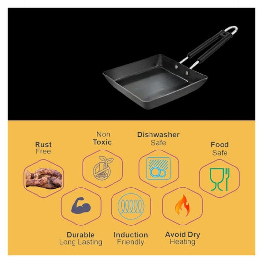 Being One Japanese Omelette Pan| Small Pan For Omelette| Square Frying Pan Mini Frying Pan Iron Omelette Pan With Steel Handle | Egg Pan| Coating Free Cookware | - 1 Count, Black
