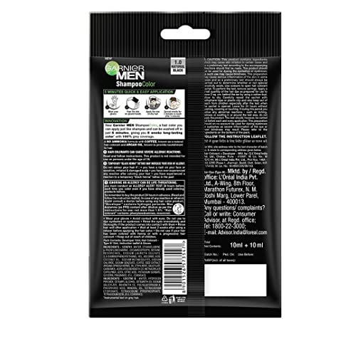 4x Garnier Men, Liquid Hair Colour, 100% Grey Coverage, Shampoo Color, 1.0 Natural Black, 10ml+10ml (Pack of 4)