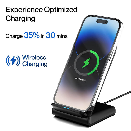 Ambrane 15W Wireless Charging Stand for iPhone 14/13/12 Series, Galaxy S23/S22/S21/S20/Note20 Series, OnePlus 9/9 Pro, Apple Watch & Other Qi Devices (Powerpod, Black)