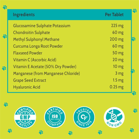 CF Pets Chewable Hip and Joint Tablet with Glucosamine, Chondroitin & MSM - Complete Mobility Support & Joint Support Supplement for Dogs, Puppy and Cats | Chicken Flavour - 120 Tablets