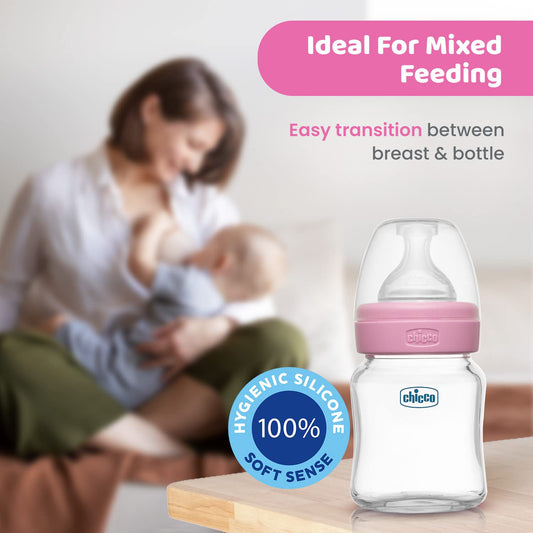 Chicco Well-Being Glass Feeding Bottle for Babies (120ml, Slow Flow) | Premium Borosilicate Glass for High Durability | Elongated Teat for Correct Latch | Comes with Anti-Spill Cap | BPA Free (Pink)