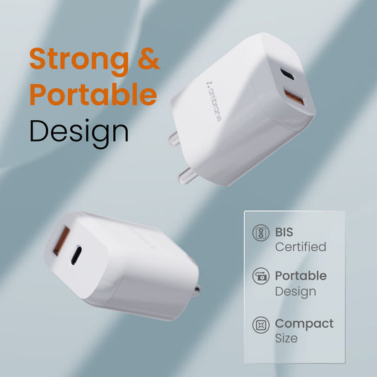 Ambrane 30W USB & Type-C Dual Port Boosted Speed Mobile Charger Adapter, Fast Charger with QC & PD Technology, Compatibility with iPhone & Android, Made in India, Compact & Durable(RAAP H33, White)