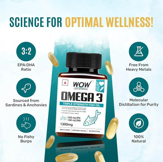 WOW Omega-3 Fish Oil 1300 mg Triple Strength 550mg EPA 350mg DHA