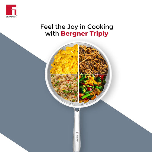Bergner Argent Triply 22 cm Wok, 2.2 L Capacity, Stainless Steel Lid, For Stir-Fry/Sauté/Noodles/Fried Rice/Shallow Fry/Curries, Heat Resistant Handle, Multi-Layered Mirror Finish, Induction & Gas Ready, 5-Year Warranty