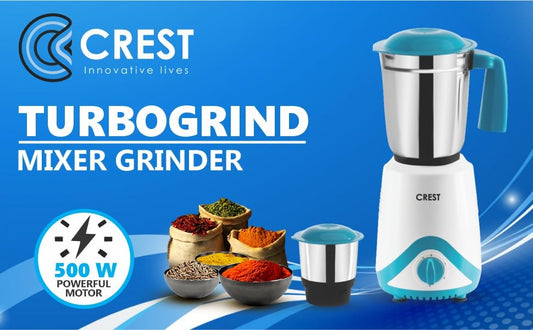 Crest Mixer Grinder for Kitchen - 2 Jars 500 Watt - Mixie with Mini Jar for Chutney & Liquidizing Jar used as Wet Grinder & Blender for Milkshake, Smoothie, Puree -Stainless Steel Blades