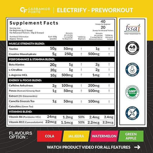 Carbamide Forte Pre Workout for Men & Women | Pre Workout Supplement Powder | Preworkout Supplements For Men For Energy, Focus & Strength | Pre-Workout For Men & Women Jaljeera Flavour | Pre Workout For Women With 40 Servings - 200g