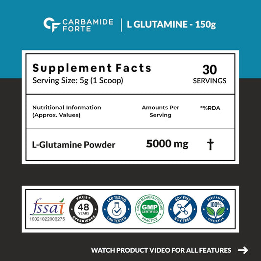 Carbamide Forte L Glutamine Powder 5000mg | L Glutamine Supplement for Men | Post Workout Muscle Recovery Supplements for Men - Unflavoured - 50 SERVINGS - 150g
