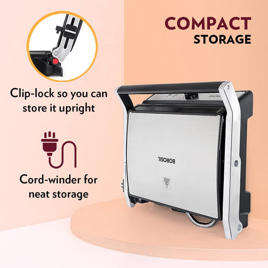 Borosil Super Jumbo Grill Sandwich Maker | Can Make 4 Sandwich At a Time | 2000W Electric Toaster Maker | Non-Stick Coating Plates Opens to 180°, BPA & PTFE Free | Power Indicators | 2 Year Warranty