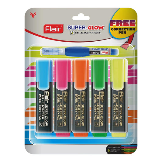 Flair 5 Shades Super Glow Highlighter Blister Pack - Assorted