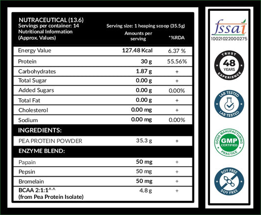 Carbamide Forte Pea Protein Isolate 30g per serving | Plant based Protein Powder Isolate with 4.8g BCAA | 100% Pure Unflavoured Plant Pea Protein Powder - 500g