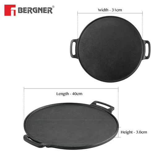 Bergner Eco Cast Iron 30cm Dosa Tawa, Pre-Seasoned, Large Loha Tawa for Dosa, Even Heat Distributor, Retains Heat to Enhance Flavor, Comes with Silicone Sleeve - Induction Base and Gas Stove Ready