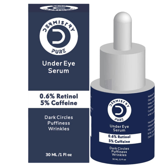 Dermistry Pure 0.6% Retinol 5% Caffeine Anti Ageing Under Eye Serum for Aging Removes Fine Lines Wrinkles Dark Circles Puffiness & Puffy Eyes Rejuvenating 30ml