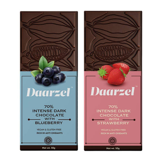 AMBRIONA Daarzel Vegan Dark Chocolate|70% Dark Gluten Free Pack Of 2 Blueberry And Strawberry|2 X 50Gm|Daarzel Bars