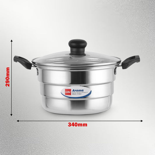 Cello Aroma Stainless Steel Idli Pot with Glass Lid with Multiple Plates 22cm, Silver, 3.5 liter | Compatible With Gas Stove & Induction | Ideal For Dhokla, Patra, Idli, and Momos