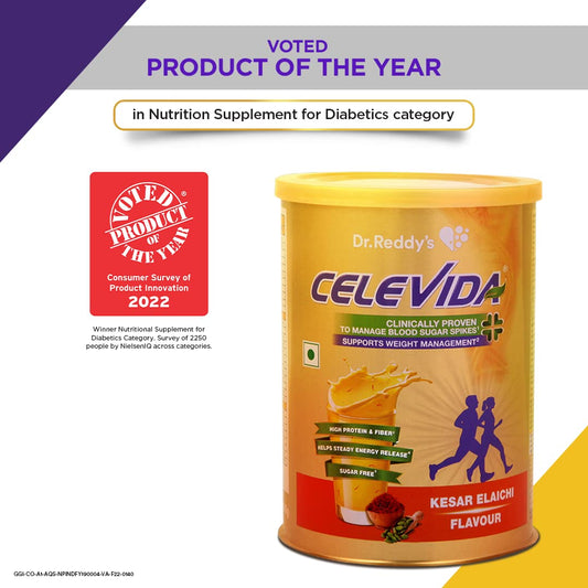 Celevida Protein Powder Drink for Diabetes Management by Dr. Reddys| Kesar Elaichi Flavour| No Added sugar | Millet based | For Glycemic control & Immunity Support | 400gm