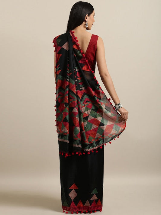Black & Red Polycotton Printed Saree