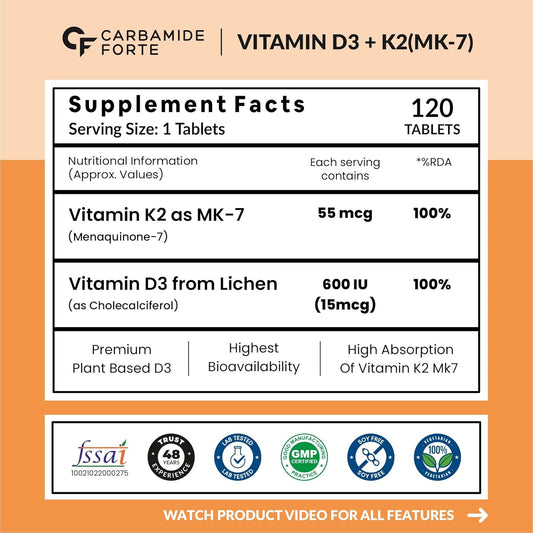 Carbamide Forte Vitamin D3 K2 | Vitamin D3 K2 Supplement for Bone & Heart Health | Vitamin D tablets with Vitamin K2 MK7 | Premium Vitamin D3 supplement with K2 for Wellness -120 Veg Tablets