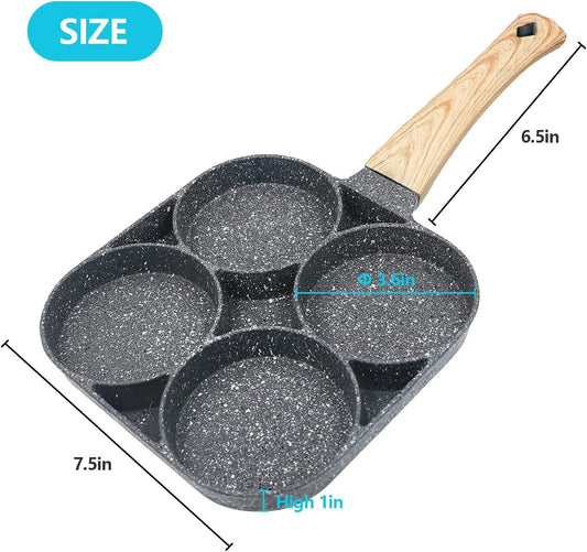 Cannagenix 4 Cups Egg Pan Omelette Pan Frying Pan Egg Frying Pan 4 Cup Crepe Pan Granite Egg Cooker Breakfast Pancakes Pan Suitable for Gas Stove & Induction Cookware (Wood Grain Handle)