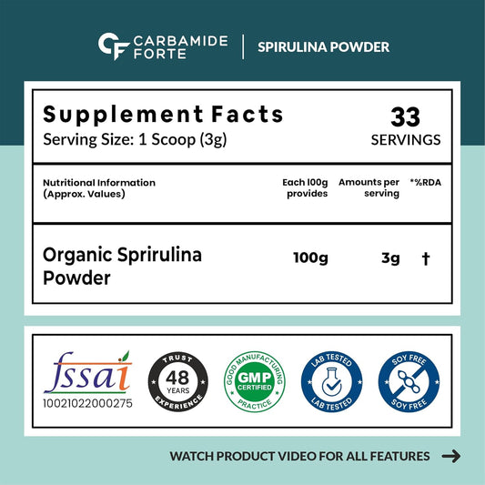 Carbamide Forte 100% Organic Spirulina Powder | Spirulina | Spirulina Powder Organic - 100g