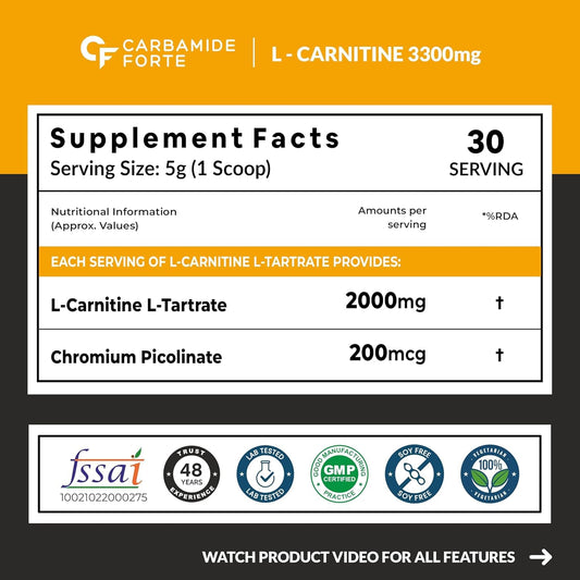 Carbamide Forte L Carnitine Powder for Men & Women | L-Carnitine L Tartrate 2000mg Supplement For Women & Men | L Carnitine Powder Pre Workout, Intra Workout & Post Workout Supplement | L Carnitine Supplement Mango Flavour - 150g
