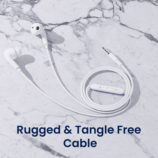 Ambrane Wired in Ear Earphones with in-line Mic for Clear Calling, 12mm Dynamic Drivers for BoostedBass™, 3.5mm Jack, Multi-Functional Controller (Stringz 74, White)