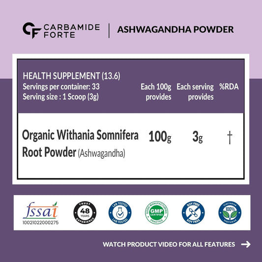 Carbamide Forte 100% Organic Ashwagandha Powder 100gm - Withania Somnifera | Pure Ashwagandha Powder Organic May Support Muscle Recovery & Boost Energy Level | USDA Certified Ashwagandha Supplements for Vitality, Strength & Stress Management