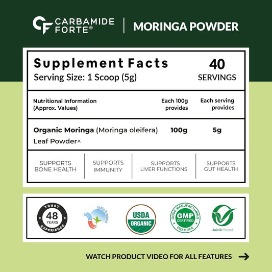 Carbamide Forte 100% Organic Moringa Powder - Moringa Oleifera - USDA Certified | Moringa Leaves Powder | Moringa Powder Organic for Immunity, Digestion & Energy | Drumstick Leaves Powder - 200g
